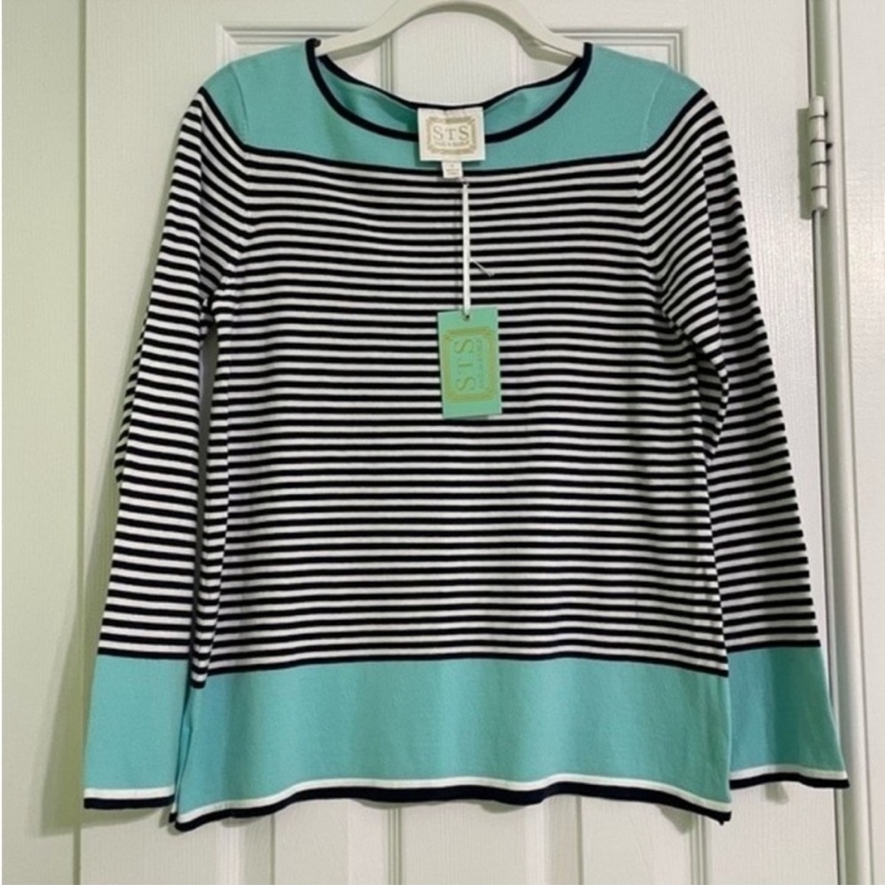 Sail to Sable Scoop Neck Pullover Sweater Navy White Stripes Aqua Side Slits
